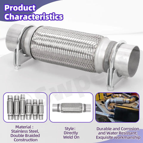 Heavy Duty Universal Stainless Steel Exhaust Flex Pipe Kit with 1.75 Inch Tube, dual braided design, U clamp visible