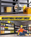 Beefy 5000 Lbs Capacity Heavy Duty Garage Shelving System With 4 Adjustable Tiers, Metal Storage Racks For Garage Basement Warehouse, 69 W x 24 D x 64 H Black, Sturdy And Versatile, shown with adjustable shelf heights and loaded storage