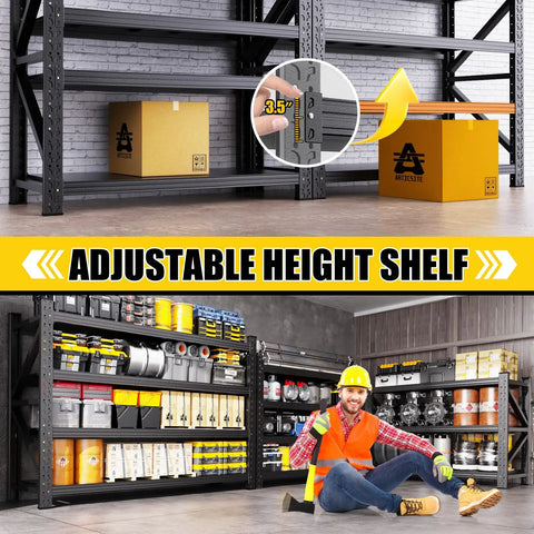Beefy 5000 Lbs Capacity Heavy Duty Garage Shelving System With 4 Adjustable Tiers, Metal Storage Racks For Garage Basement Warehouse, 69 W x 24 D x 64 H Black, Sturdy And Versatile, shown with adjustable shelf heights and loaded storage