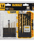 DEWALT 14-piece titanium nitride drill bit set in yellow/black plastic case, front view