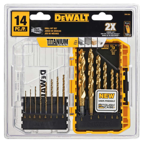 DEWALT 14-piece titanium nitride drill bit set in yellow/black plastic case, front view