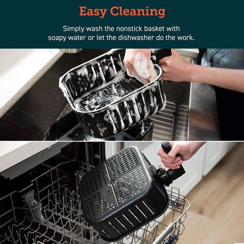 Person washing Replacement Inner Basket For 5.8 Quart Air Fryer Fits CP358-AF CS358-AF Models, nonstick and dishwasher safe.