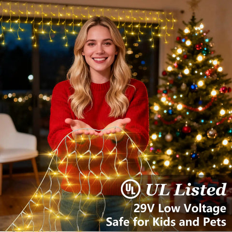 1620 LED 164ft Outdoor Christmas Lights Diamond Inspired Faceted Curtain String Lights With 360 Drops 12 Modes Dimmable Waterproof Fairy Lights With Timer For Yard Patio Window Decor Warm White shown in indoor setting
