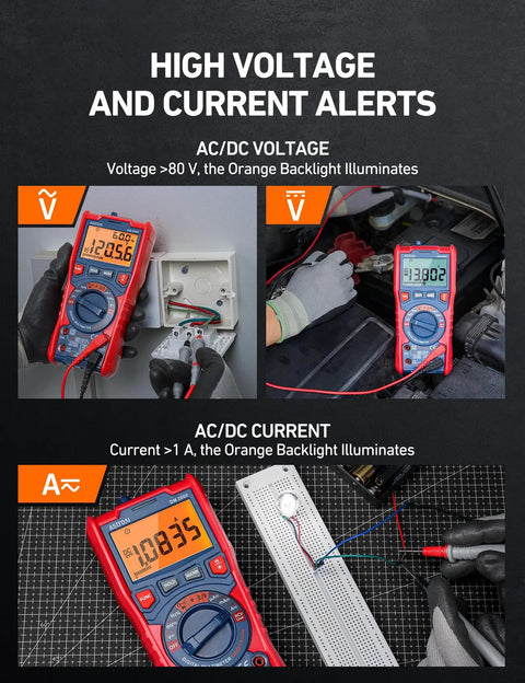 Digital Multimeter TRMS 20000 Counts With Auto Ranging measures high voltage and current with orange backlight alerts.
