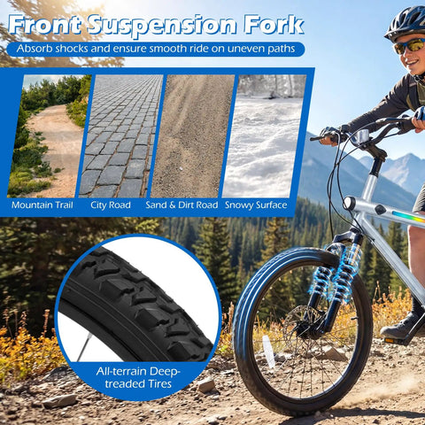Mountain biker with front suspension fork on 20 Inch LED Lit Mountain Bike With Built In Stereo Speakers And Wireless Music