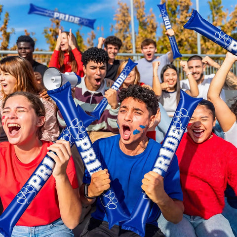 Crowd cheering with 48 Pcs Thunder Sticks With Paw Print Design Inflatable Noise Makers, Blue, at sports event