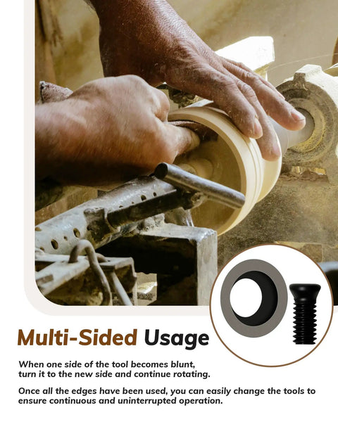 Close-up of hands using Heavy Duty 10 Pack 8.9 Mm Round Carbide Cutting Inserts For Indexable Lathe Tools on wood lathe.