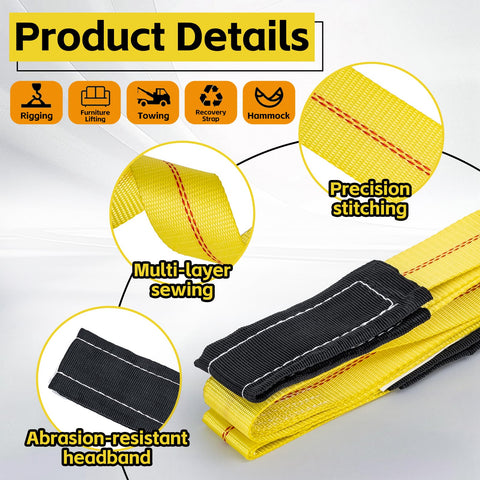 Two yellow 2in x 6.6ft lifting straps with black reinforced ends; heavy-duty nylon for hoist and rigging.