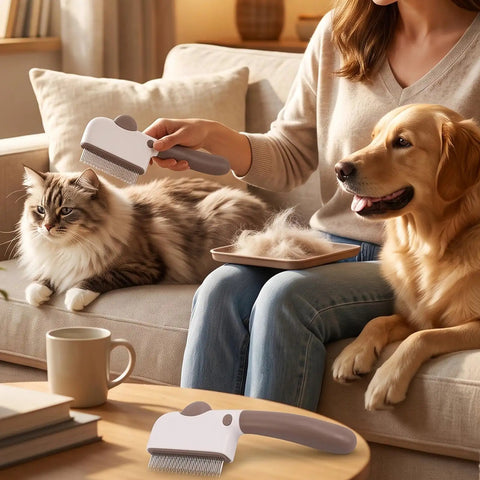 Check Out This Awesome Pet Grooming Kit With A Smooth Self Cleaning Deshedding Brush Rotating Knob And Multi Metal Comb For Fast Fur Removal On Long Or Short Haired Pups Without Any Mess on couch with dog and cat