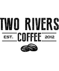 Two Rivers Coffee logo with vintage style design, established in 2012, coffee beans illustration below