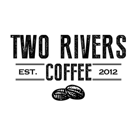 Two Rivers Coffee logo with vintage style design, established in 2012, coffee beans illustration below