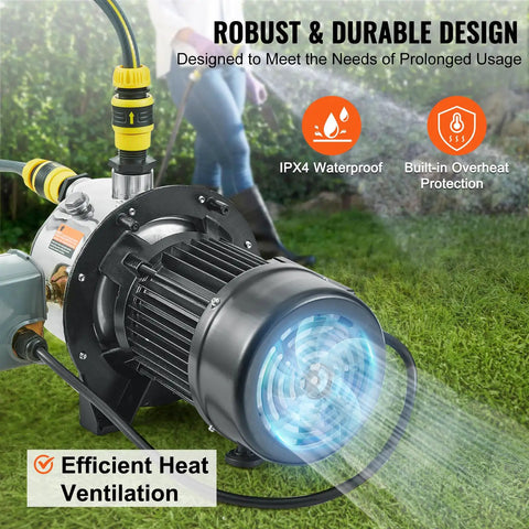 Beefy Three Quarter HP SUS304 Stainless Shallow Well Jet Pump 115V 18.5 GPM 131 Ft Head For Garden Irrigation Farm Use High Rise Water Supply Shower Booster For All Outdoor Applications