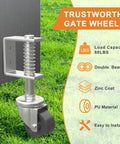 Heavy Duty Two Inch Gate Wheels For Wooden Gates Rock Solid Rubber Casters on grass, showcasing spring loaded design and sturdy swivel.
