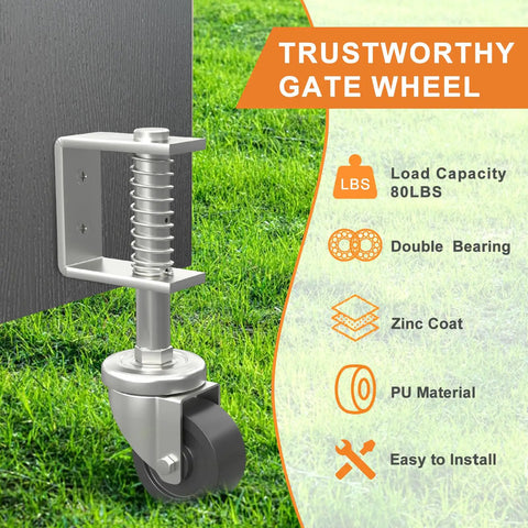 Heavy Duty Two Inch Gate Wheels For Wooden Gates Rock Solid Rubber Casters on grass, showcasing spring loaded design and sturdy swivel.