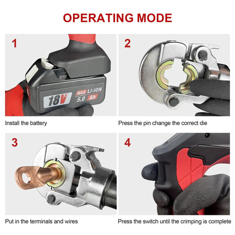 Heavy Duty Cordless Electric Wire Cable Crimping Tool Boasts 60KN Torque And Brushless Muscle Built Like A Tank Includes Dual 18V Packs And Twelve Quick Swap Dies For No Sweat Jobs And Smooth Reliable Crimps Always. Operating mode steps with battery installation and die change.