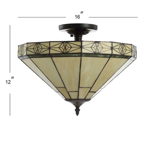 Cream And Black 16 Inch 2 Light Glass Or? And Metal Tiffany Style Mosaic Shade Semi Flush Mount Ceiling Light Fixture UL Listed With LED Bulbs Included For Living Room Hallway And Dining Areas, featuring a cream mosaic shade with metal design.