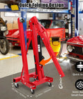 Solid 2 Ton Engine Hoist And Rolling Cherry Picker With Reinforced Casters For Garages And Shops displayed in folded position.