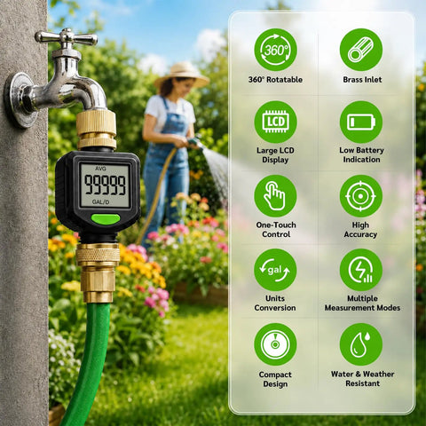 Water Flow Meter For RV With Brass Inlet And 180 Degree Rotating LCD Display Measures Gallon And Liter With Five Percent Accuracy Compatible With Three Quarter Inch Garden Hose Fittings Heavy Duty Brass Construction on garden faucet