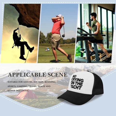 Breathable Trucker Hat for Men No Crying On The Yacht Style Plain Cap With No Sweat Band displayed with sports scene.