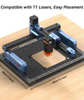 Honeycomb Laser Bed 15.7x11.8 Inch 400x300mm For Laser Engravers on wooden desk, showing scale and T1 machine compatibility