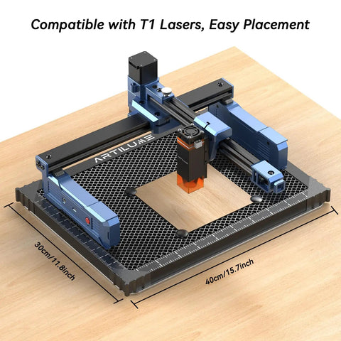 Honeycomb Laser Bed 15.7x11.8 Inch 400x300mm For Laser Engravers on wooden desk, showing scale and T1 machine compatibility