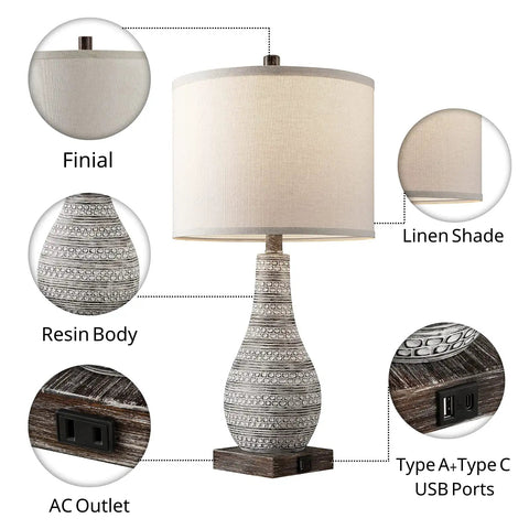 Farmhouse Table Lamp Set Of 2 With 3 Way Touch Control USB Ports And AC Outlet Includes Dimmable LED Bulbs The Must Have Nightstand Or Living Room Lighting, showing detailed features including linen shade, resin body, AC outlet, and USB ports.