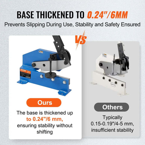Comparison of 8 Inch Hand Plate Shear With Long Handle For Metal Cutting highlighting base thickness with a blue and white shear