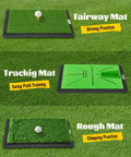 Three In One Golf Hitting Mat For Simulators Nets And Home Practice With Dual Turf And Strike Feedback Pad, showing fairway, tracking, and rough mats.