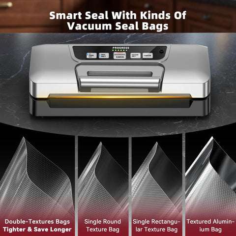 Next Gen vacuum sealer machine on kitchen counter; stainless steel body with built-in cutter and status display.