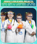Children wearing Six Set Of White Kids Lab Coats With Goggles And ID Card Holders, 18 Piece Doctor Scientist Dress Up Kit.