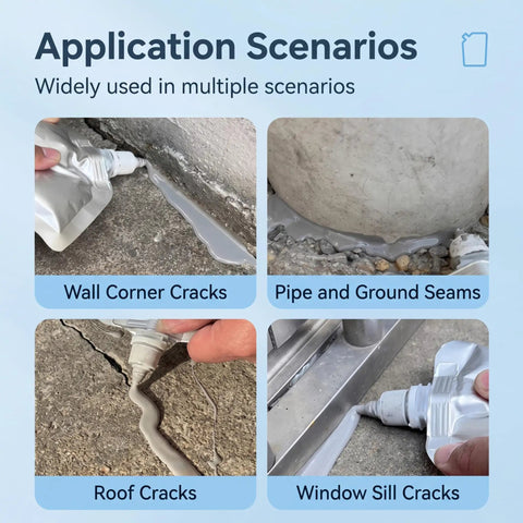 Heavy Duty Self Leveling Concrete Filler And Driveway Crack Sealer applied to wall corners, pipes, roofs, and window sills.