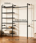 Heavy Duty Wall Mounted Industrial Pipe Closet Rack Featuring Six Generous Shelves And Two Sturdy Bars Built Different To Save Space And Expand Easily In Deep Black with dimensions on display.