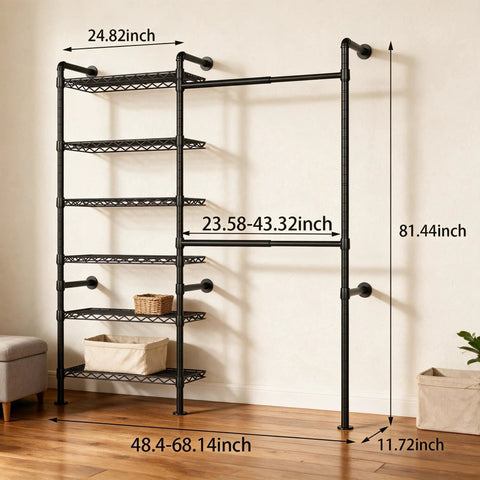 Heavy Duty Wall Mounted Industrial Pipe Closet Rack Featuring Six Generous Shelves And Two Sturdy Bars Built Different To Save Space And Expand Easily In Deep Black with dimensions on display.