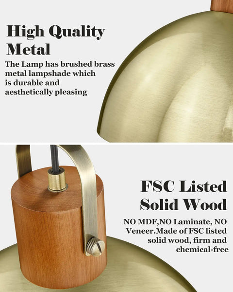 Close-up of brushed brass shade and FSC wood stem on dome pendant light for kitchen island.