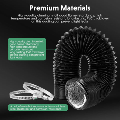 Flexible 4 Inch Dryer Vent Hose 25 Ft Insulated Duct With Steel Wire Helix Heavy Duty Four Layer Protection Includes 2 Clamps Fire Resistant HVAC Ventilation Ducting For Dryers And Exhaust Black showing metal clamps and material details