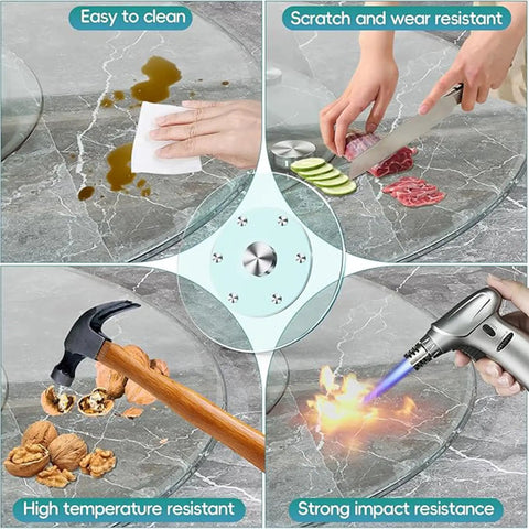 Large Round Lazy Susan With Solid 360 Smooth Spin Heavy Duty Tempered Glass Turntable Tray showing easy cleaning and heat resistance.