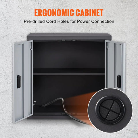 Foldable Wall Cabinet For Garage And Home Workshop, Metal Wall Locker With 26 Inch Size, 240 Lb Capacity, adjustable shelf, magnetic door, and power cord hole.