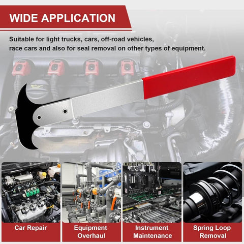 Seal Puller Tool For Oil Seal Removal In Cars SUVs Light Trucks And Machinery Third Generation With 30 Percent Thicker Dual Hook Tips And Heat Treated Steel For Pro Grade Heavy Duty Automotive And Equipment Repair displayed against engine backdrop.
