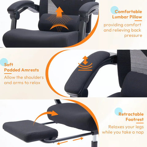 Comfy High Back Mesh Desk Chair With Foot Rest And Wheels For Ergonomic Support, Reclining Gaming Chair details shown