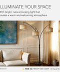 Arc Floor Lamp With Three Movable Beige Burlap Shades And Dimmable Brightness, Antique Bronze Finish in a modern living room
