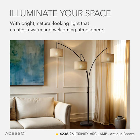 Arc Floor Lamp With Three Movable Beige Burlap Shades And Dimmable Brightness, Antique Bronze Finish in a modern living room