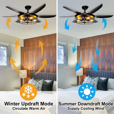 52 Inch Farmhouse Ceiling Fan With Light And Remote displaying winter updraft and summer downdraft modes in bedroom setup.