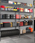 Beefy 5 Tier Metal Storage Shelves With Wheels And Adjustable Feet, 400 Lbs Per Shelf, 2000 Lbs Total Capacity, 36 Inch L x 14 Inch W x 60 Inch H, Black Garage Workshop Organization filled with tools and equipment
