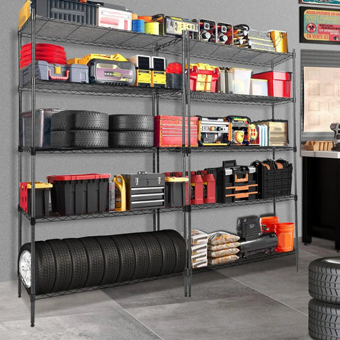 Beefy 5 Tier Metal Storage Shelves With Wheels And Adjustable Feet, 400 Lbs Per Shelf, 2000 Lbs Total Capacity, 36 Inch L x 14 Inch W x 60 Inch H, Black Garage Workshop Organization filled with tools and equipment