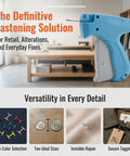 Handheld No Sew Clothing Repair Tool With Seven Color Fasteners, displaying multi-color clips for versatile garment mending.