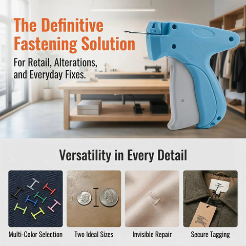 Handheld No Sew Clothing Repair Tool With Seven Color Fasteners, displaying multi-color clips for versatile garment mending.
