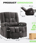 Power Lift Recliner With Massage And Heat For Seniors, Electric Lift Chair With USB Charging in grey with dimensions displayed