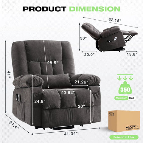Power Lift Recliner With Massage And Heat For Seniors, Electric Lift Chair With USB Charging in grey with dimensions displayed