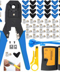 Built Like A Tank Network Tool Kit Set Featuring Cable Tester Heavy Duty Wire Stripper And Cutter Coax RJ45 Crimper Punch Down Driver For Cat5 Cat6 Ethernet Cables Orange with tools and connectors.
