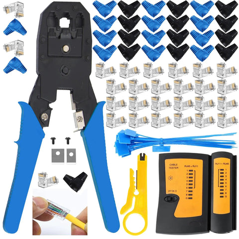 Built Like A Tank Network Tool Kit Set Featuring Cable Tester Heavy Duty Wire Stripper And Cutter Coax RJ45 Crimper Punch Down Driver For Cat5 Cat6 Ethernet Cables Orange with tools and connectors.